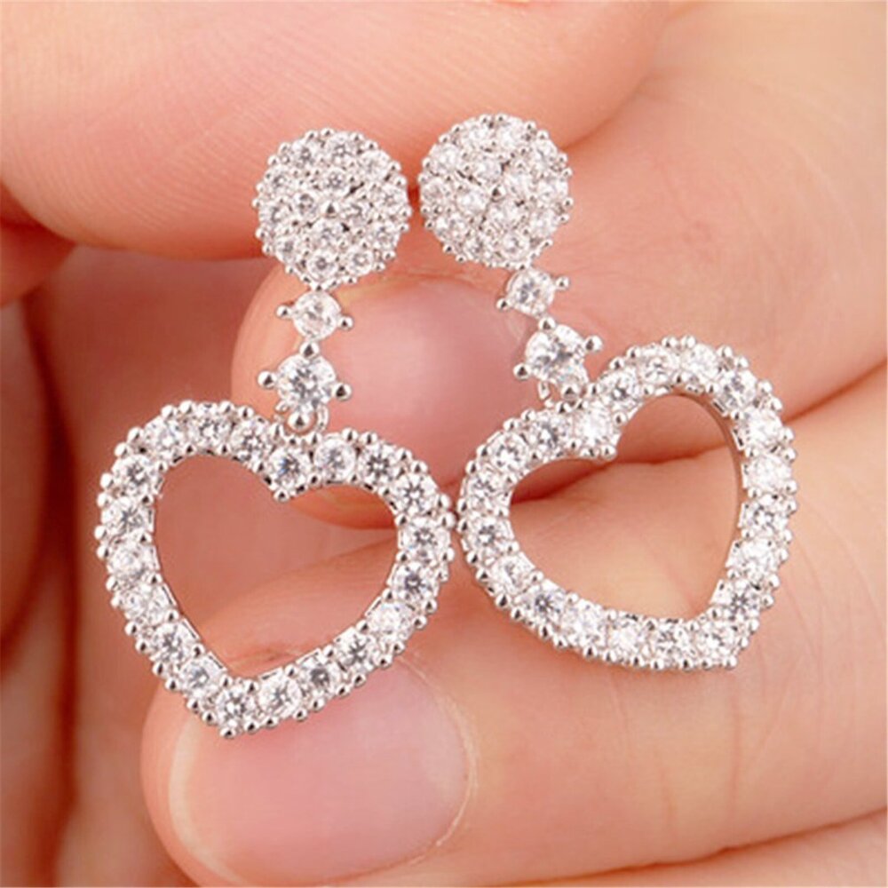 Women's Sweet Simple Love Diamond Silver Needle Pendant Stud Heart Earrings